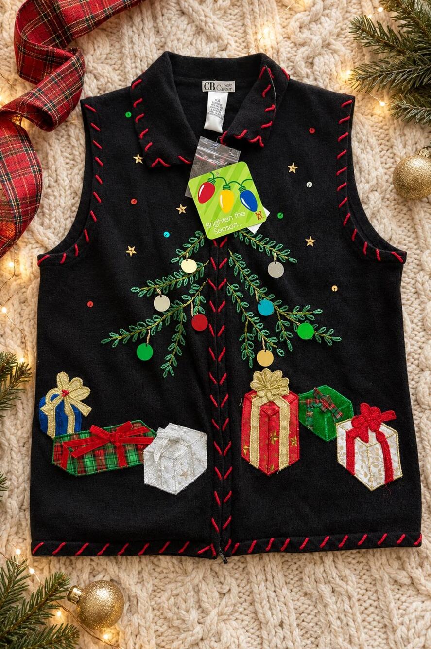 Vintage 1990s Black Christmas Sweater Vest, Sequin Tree Gift Appliqué  PS